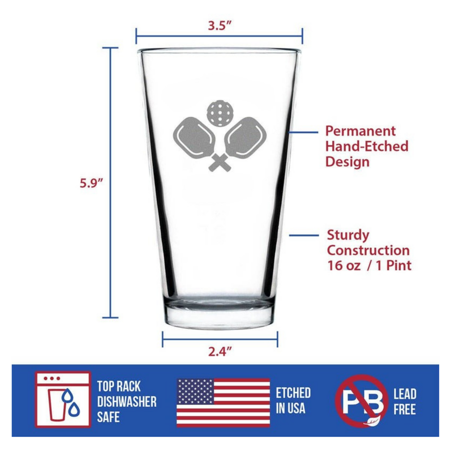 16oz Pickleball Beer Pint Glass